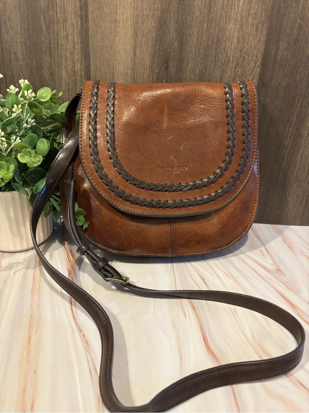 Massimo Ricco Braided Trim Brown Leather Crossbody Bag